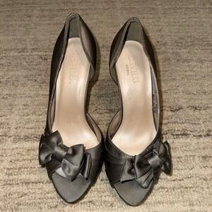 David's Bridal Maribelle Peep Toe Bow Detail Silver Gray Heel Size 7